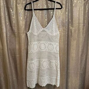 Aerie Party Coverup Knit Crochet Sheer Ivory Mini‎ Dress XL NWT